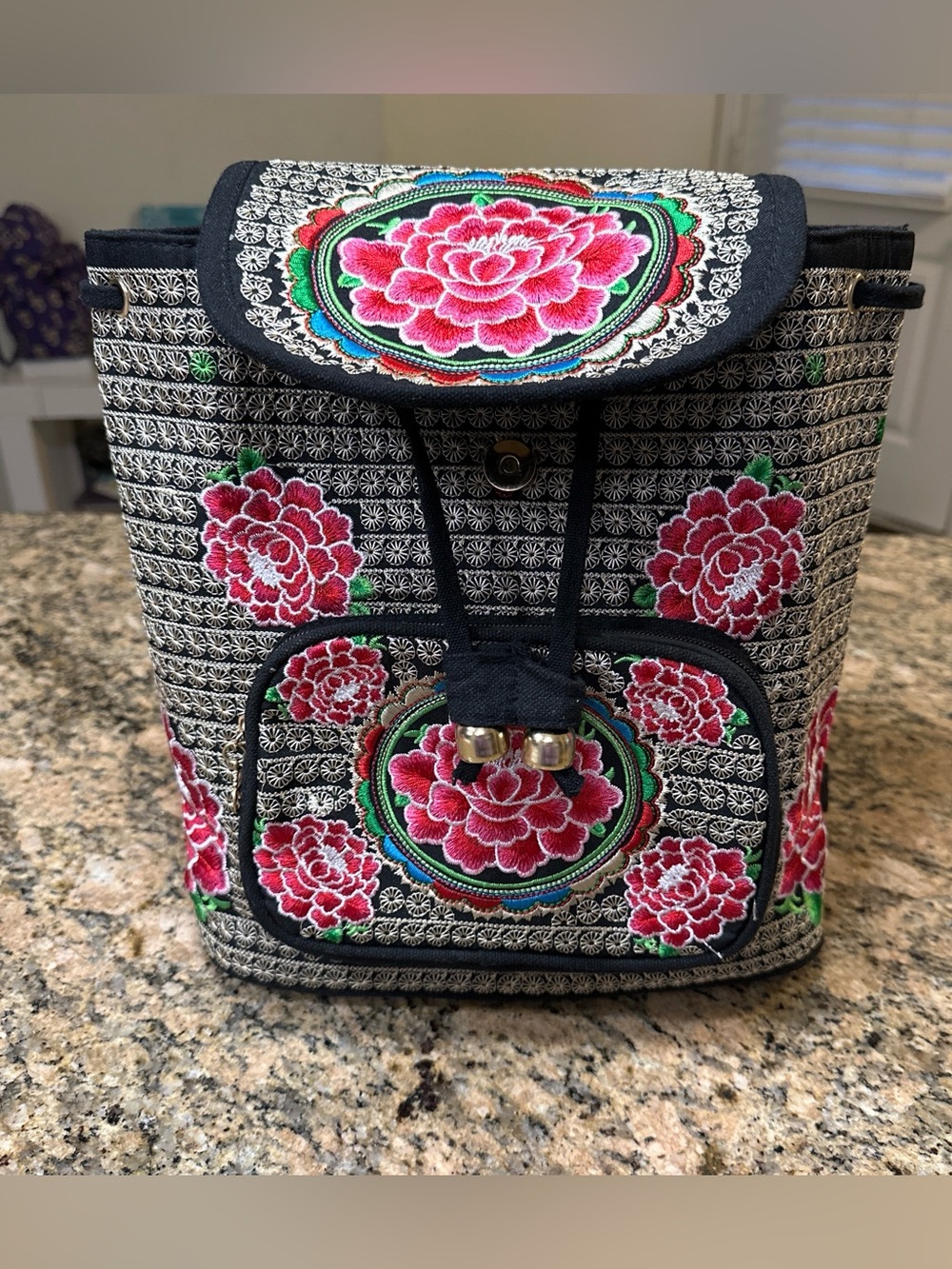 Floral Embroidered Drawstring Backpack - Black with Pink Flowers